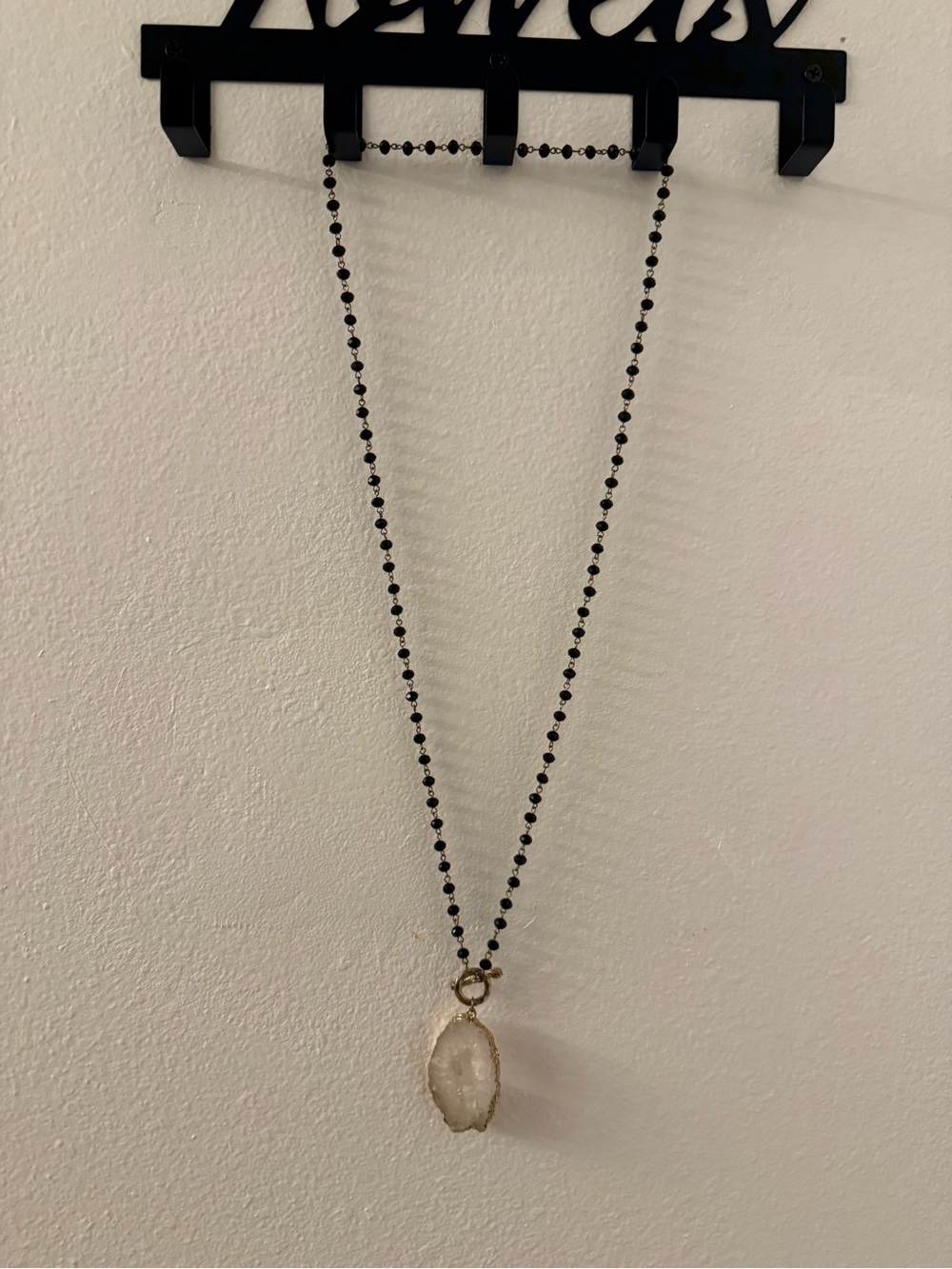 Black Beaded Necklace with White Druzy Pendant
